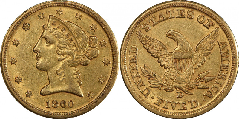 1860-D Liberty Head Half Eagle. Winter 46-GG. Medium D. AU-58 (PCGS). CAC.

A ...