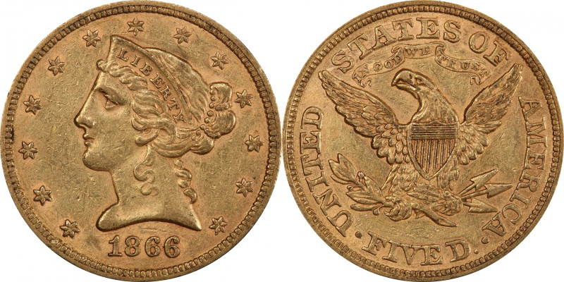 1866 Liberty Head Half Eagle. AU-55 (PCGS). CAC.

Vivid pinkish-rose iridescen...