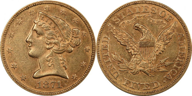 1871 Liberty Head Half Eagle. AU-55 (PCGS). CAC.

Deep, rich, rose-honey color...