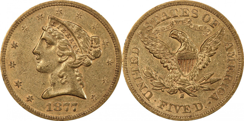 1877-S Liberty Head Half Eagle. AU-50 (PCGS). CAC.

Rich honey-gold color with...