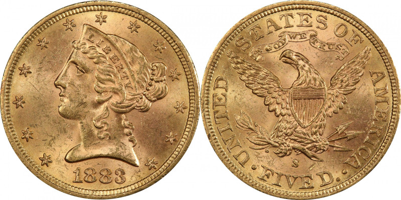 1883-S Liberty Head Half Eagle. MS-63 (PCGS).

This beautiful Choice Uncircula...