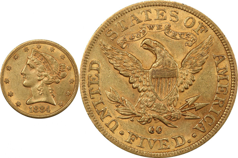 1884-CC Liberty Head Half Eagle. Winter 1-A, the only known dies. AU-58+ (PCGS)....