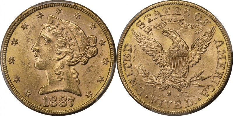 1887-S Liberty Head Half Eagle. MS-64+ (PCGS). CAC.

Pretty rose-orange color ...