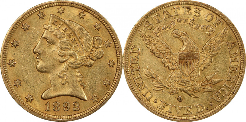 1892-O Liberty Head Half Eagle. Winter-1, the only known dies. AU-58 (PCGS). CAC...