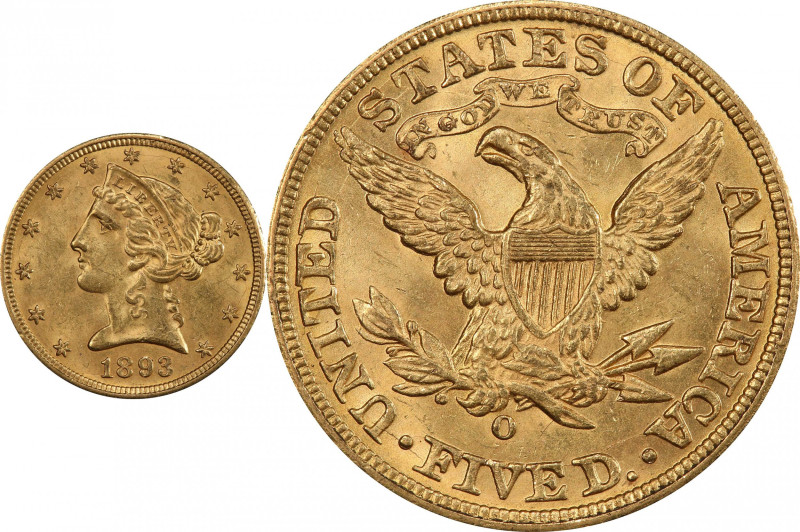 1893-O Liberty Head Half Eagle. Winter-1. MS-63+ (PCGS). CAC.

A delightful ha...