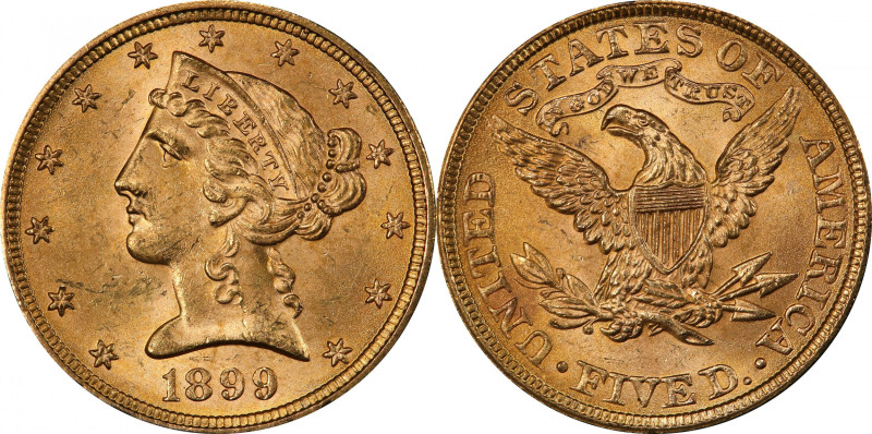 1899 Liberty Head Half Eagle. MS-64 (PCGS).

Billowy rose-gold luster flows ov...