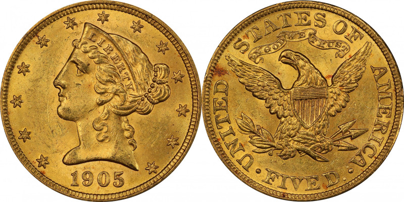 1905 Liberty Head Half Eagle. MS-63 (PCGS).

Beautiful golden-apricot surfaces...