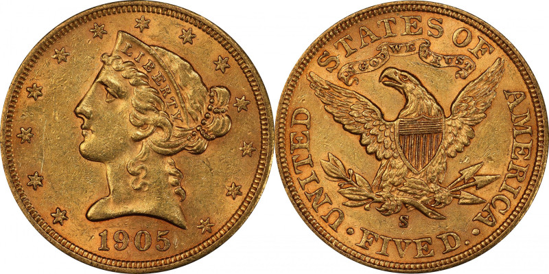 1905-S Liberty Head Half Eagle. AU-55 (PCGS). CAC.

A lustrous reddish-honey C...