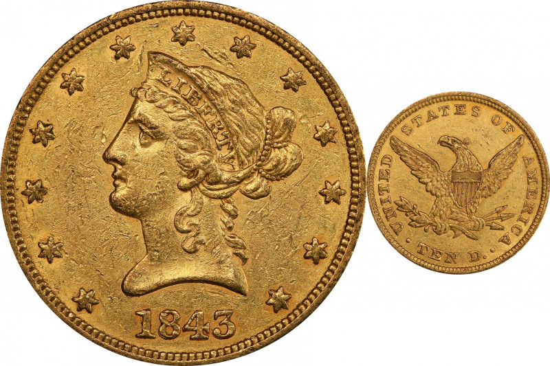 1843 Liberty Head Eagle. AU-55 (PCGS).

This is one of the most appealing 1843...