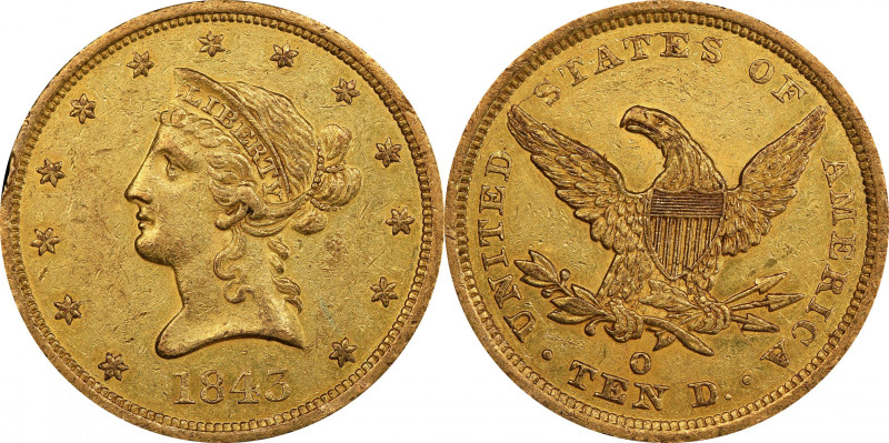 1843-O Liberty Head Eagle. Winter-2. AU-55 (PCGS).

Among the finest 1843-O ea...