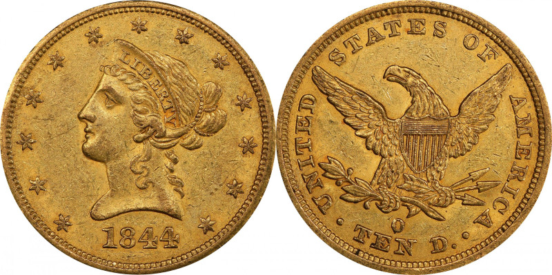 1844-O Liberty Head Eagle. Winter-1. Misplaced Date, Repunched Mintmark. AU-55 (...