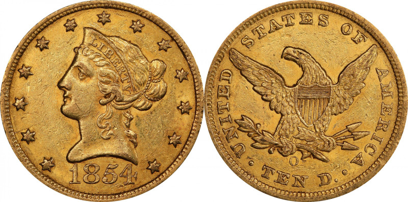 1854-O Liberty Head Eagle. Large Date. Winter-4. AU-55 (PCGS). CAC.

A handsom...