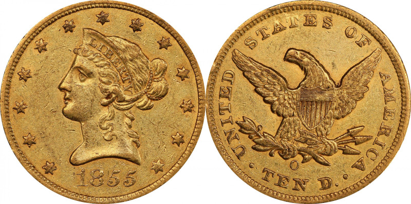 1855-O Liberty Head Eagle. Winter-1, the only known dies. AU-55 (PCGS).

Beaut...