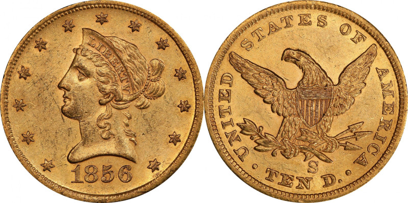 1856-S Liberty Head Eagle. AU-58 (PCGS).

Exceptionally lustrous for the grade...