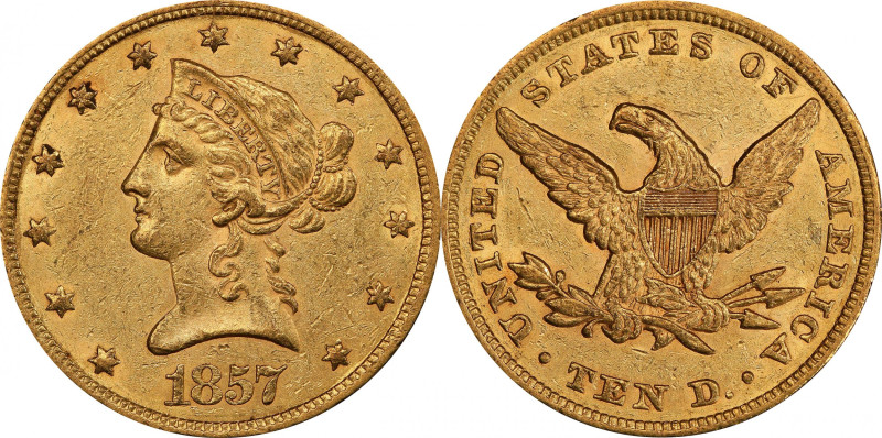 1857 Liberty Head Eagle. AU-58 (PCGS).

Original khaki-orange color is accente...