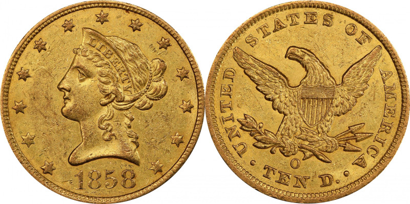 1858-O Liberty Head Eagle. Winter-1, the only known dies. AU-58 (PCGS). CAC.

...