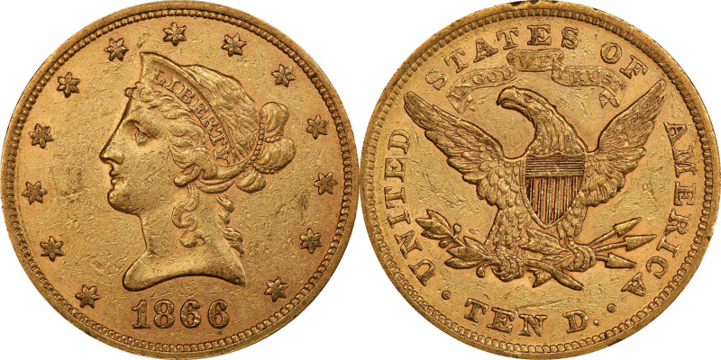 1866 Liberty Head Eagle. Repunched Date. AU-53 (PCGS).

A significant Liberty ...