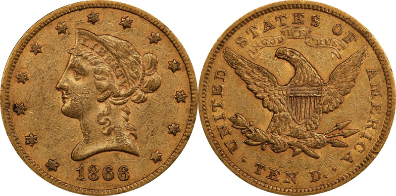 1866-S Liberty Head Eagle. Motto. AU-53 (PCGS).

Offered is one of the finest ...