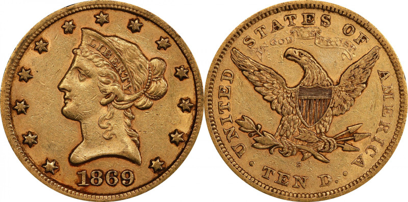 1869-S Liberty Head Eagle. AU-53 (PCGS). CAC.

This lovely piece is lustrous f...