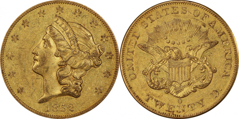 1852-O Liberty Head Double Eagle. Winter-1, the only known dies. AU-55 (PCGS).
...