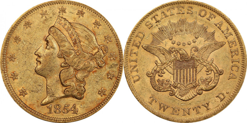 1854 Liberty Head Double Eagle. Small Date. Repunched Date. AU-55 (PCGS).

Our...