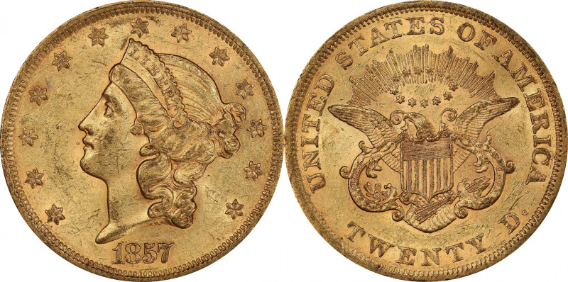 1857 Liberty Head Double Eagle. MS-60 (PCGS).

A lovely example with subtle pa...