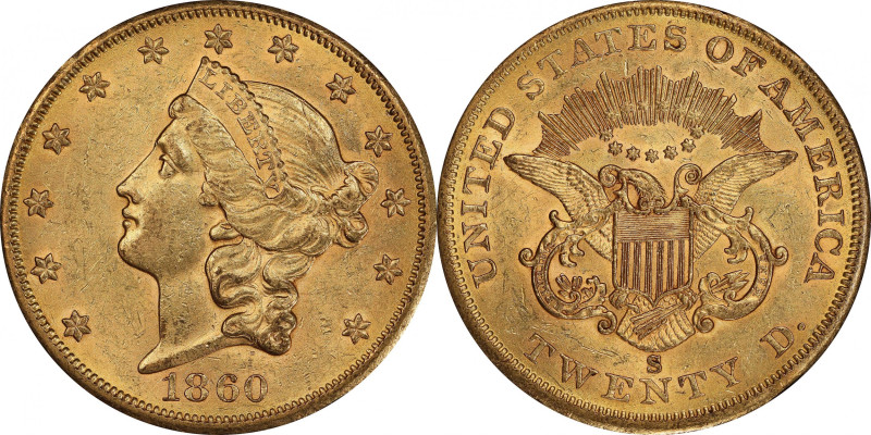 1860-S Liberty Head Double Eagle. AU-58 (PCGS).

Richly colored surfaces are u...