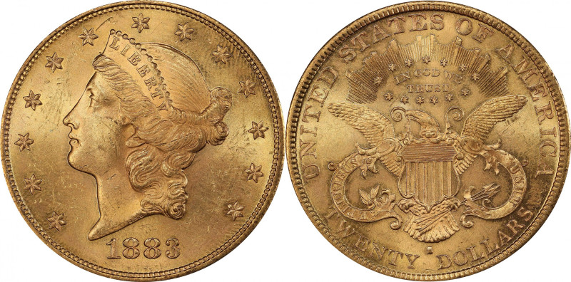 1883-S Liberty Head Double Eagle. MS-64 (PCGS).

Lustrous, frosty surfaces are...