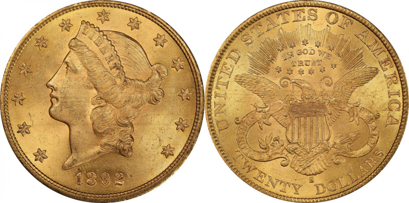 1892-S Liberty Head Double Eagle. MS-63+ (PCGS).

Gorgeous rose-orange surface...