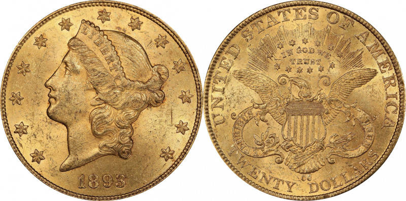 1893-CC Liberty Head Double Eagle. MS-62 (PCGS).

Vivid golden-apricot and pal...