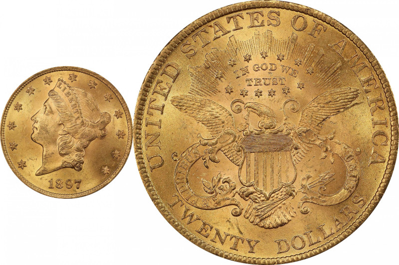 1897 Liberty Head Double Eagle. MS-64 (PCGS).

Frosty rose-gold surfaces are s...