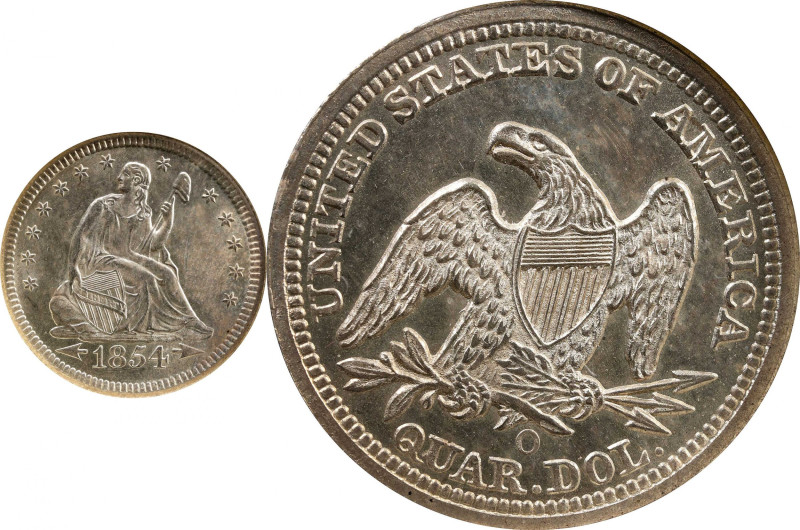 1854-O Liberty Seated Quarter. Arrows. Briggs 1-B. MS-64 (NGC).

A radiant Cho...