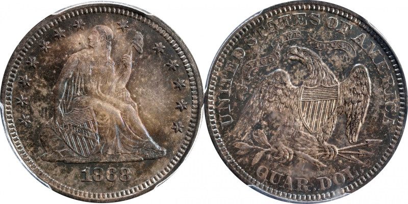 1868 Liberty Seated Quarter. Briggs 1-A. MS-62 (PCGS).

An attractive Mint Sta...