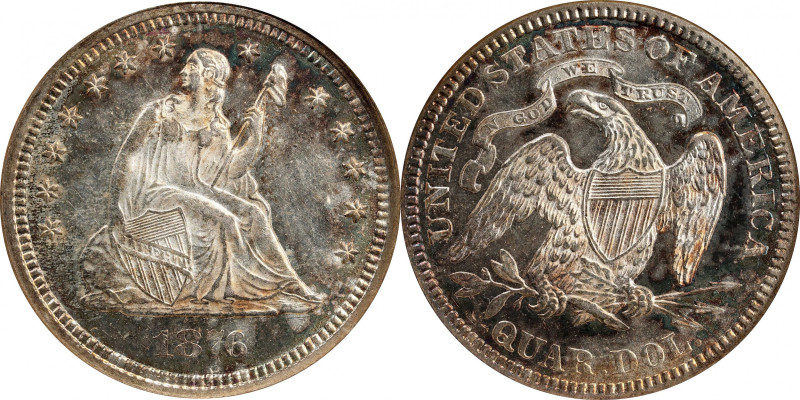 1876 Liberty Seated Quarter. MS-61 (NGC). CAC. OH.

Mottled olive-golden tonin...