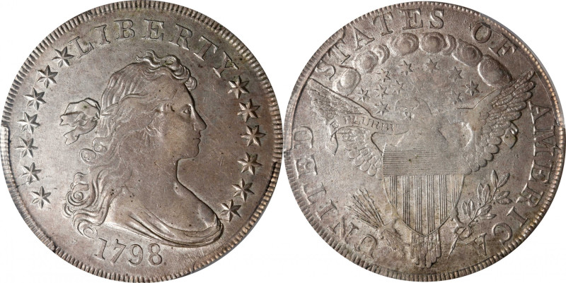 1798 Draped Bust Silver Dollar. Heraldic Eagle. BB-121, B-9a. Rarity-5. Pointed ...