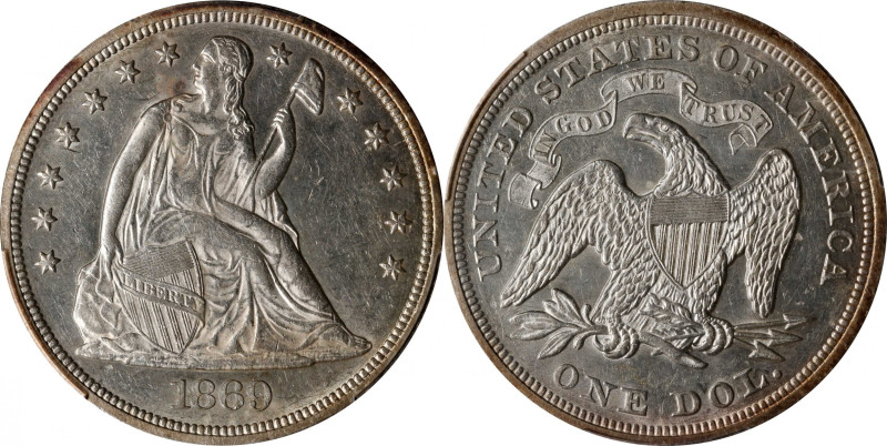 1869 Liberty Seated Silver Dollar. OC-5, Top 30 Variety. Rarity-3+. Misplaced Da...