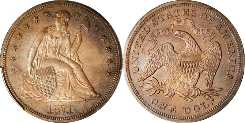 1871 Liberty Seated Silver Dollar. Proof-64 (PCGS).

Boldly toned surfaces off...