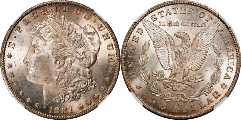 1881-CC Morgan Silver Dollar. MS-66+ (NGC).

A subtle copper-bronze ghosting a...