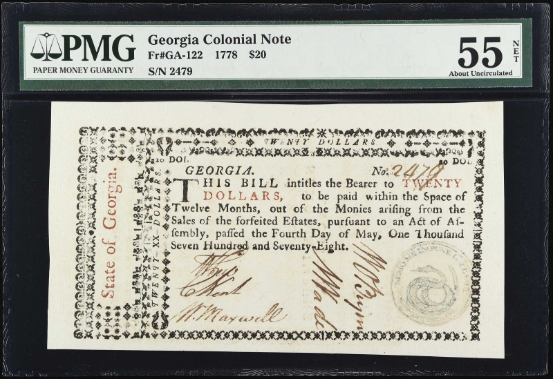 GA-122. Georgia. 1778. $20. PMG About Uncirculated 55 Net. Repaired.

No. 2479...