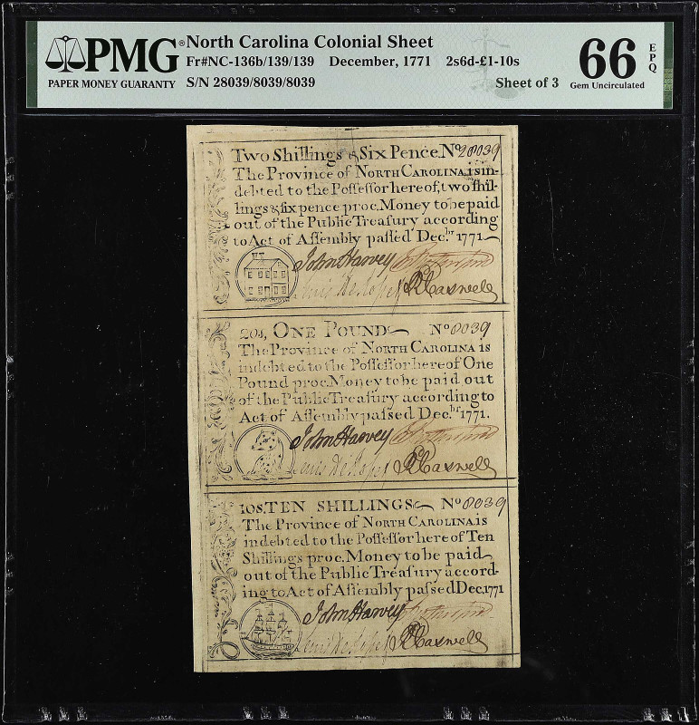 Sheet of (3). NC-136b, NC-139 & NC-139. North Carolina December, 1771. 2s6d-1p-1...