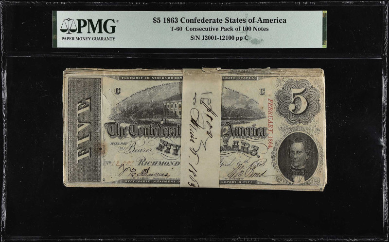 Pack of (100) T-60. Confederate Currency. 1863 $5. PMG Encapsulated.

Serial n...