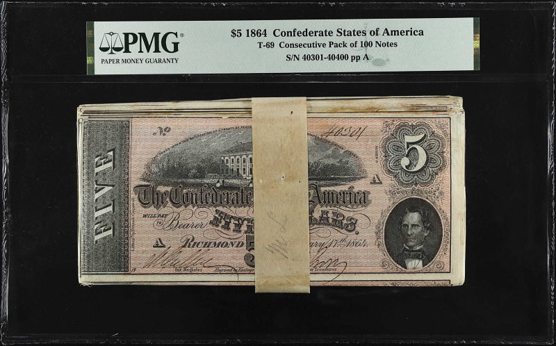 Pack of (100) T-69. Confederate Currency. 1864 $5. PMG Encapsulated.

Serial n...