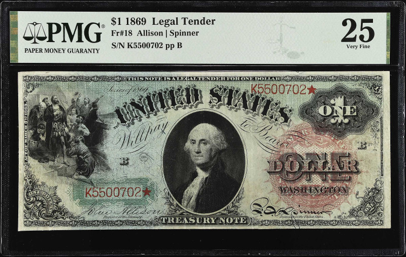 Fr. 18. 1869 $1 Legal Tender Note Star Note. PMG Very Fine 25.

A Very Fine ex...