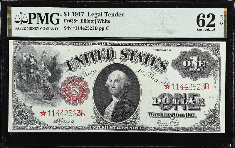 Fr. 38*. 1917 $1 Legal Tender Star Note. PMG Uncirculated 62 EPQ.

Track and P...