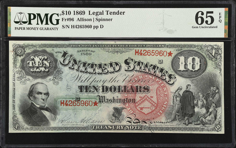 Fr. 96. 1869 $10 Legal Tender Note. PMG Gem Uncirculated 65 EPQ.

Here is a st...