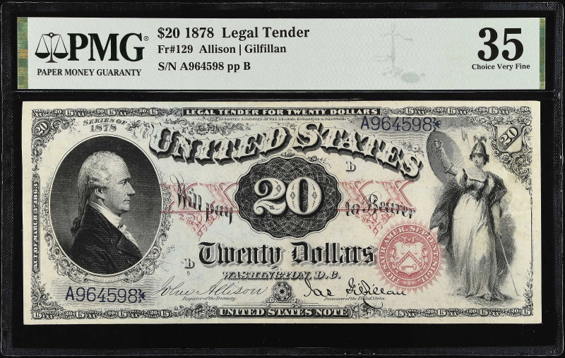 Fr. 129. 1878 $20 Legal Tender Note. PMG Choice Very Fine 35.

Finding any app...