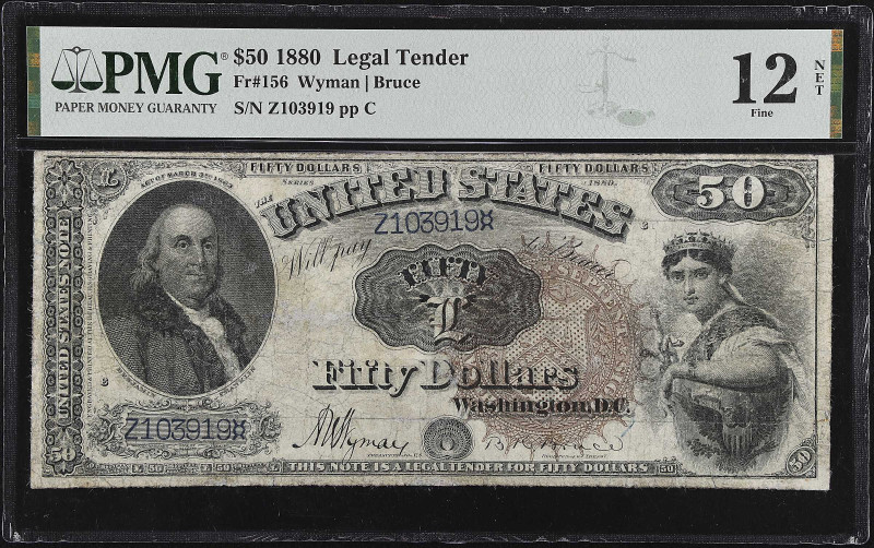 Fr. 156. 1880 $50 Legal Tender Note. PMG Fine 12 Net. Repaired.

Just over a d...