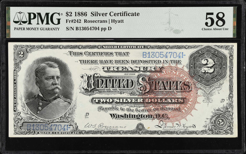 Fr. 242. 1886 $2 Silver Certificate. PMG Choice About Uncirculated 58.

A brig...