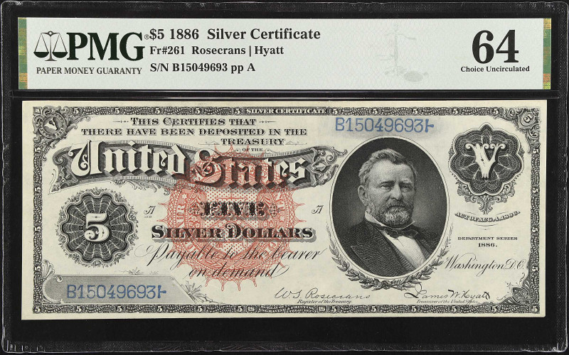 Fr. 261. 1886 $5 Silver Certificate. PMG Choice Uncirculated 64.

A catalog nu...