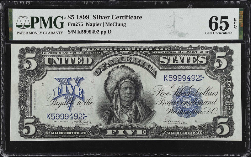 Fr. 275. 1899 $5 Silver Certificate. PMG Gem Uncirculated 65 EPQ.

This terrif...